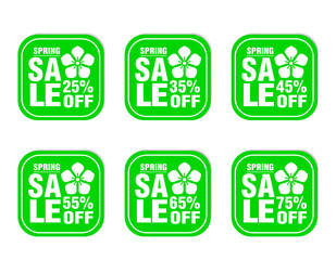 Spring sale stickers green set. Sale 25%, 35%, 45%, 55%, 65%, 75% off discount