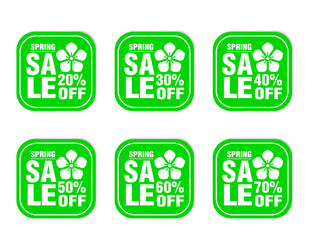 Spring sale stickers green set. Sale 20%, 30%, 40%, 50%, 60%, 70% off discount