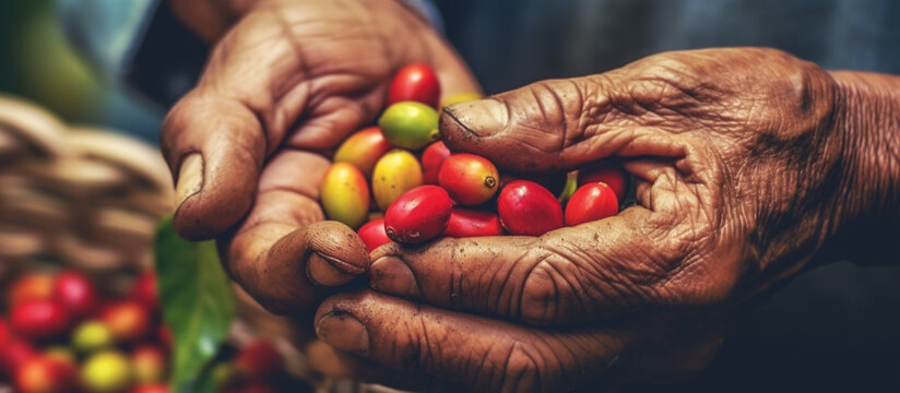hand holding coffee bean fruit, harvest concept