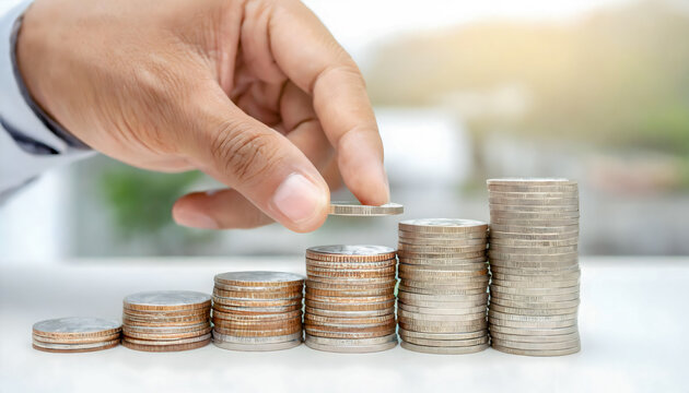 Businessman hand put coins to stack of coins with investment and saving concept