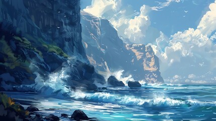 Coastal cliffs with crashing waves below, with copy space