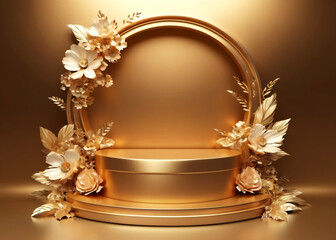 Golden floral podium for product display on white background 