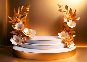 Golden floral podium for product display on white background 