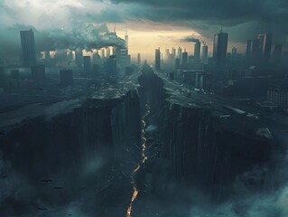Dystopian Futuristic Cityscape with Waterfall and Ocean