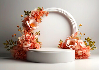 White floral podium for product display on white background