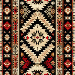 A colorful rug with a black border and a red center