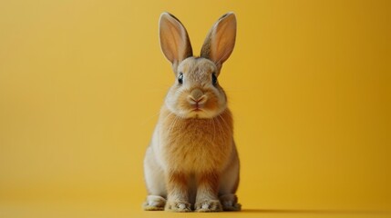 Fototapeta na wymiar A cute animal pet rabbit or bunny brown sitting on a yellow background, with copy space for easter, rabbit, animal, pet, brown, cute, fur, ear, mammal, background, celebration