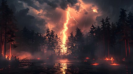 Fototapeta na wymiar Lightning in Forest with Lake in Post-Apocalyptic Futurism Style