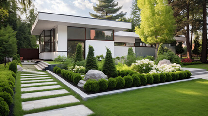 Modern front yard with beautiful garden and white