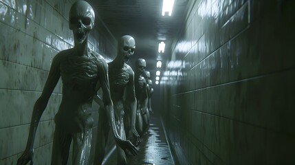 Fototapeta na wymiar Skeletal Creatures and Aliens Roaming in a Stylish Ray Tracing Hallway