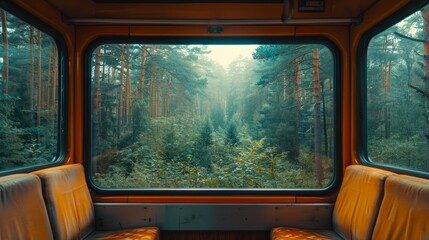 a view from inside a train carriage looking out the window. View of nature from the train compartment. looks out the train window