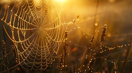 Spiderweb at Sunrise with Dew Drops and Golden Hues