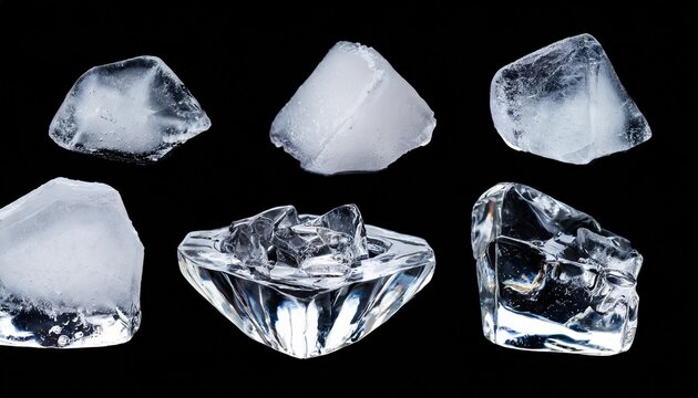 set of different crushed ice pieces isolated on black background