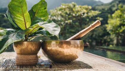 fiddle leaf fig sitting on table with tibetan singing bowl