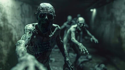 Fototapeta premium Zombies Running in Dark Hallway and Abandoned Basement in a Post-Apocalyptic Setting