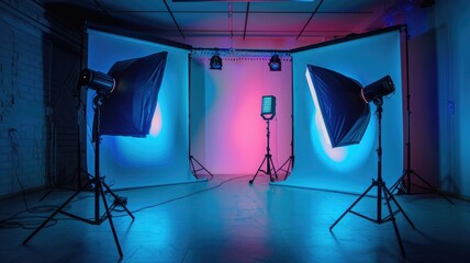 Colorful photo studio setup with lighting equipment - A professional photo studio vibrant lighting gear and modifiers put in place for a photo shoot - obrazy, fototapety, plakaty