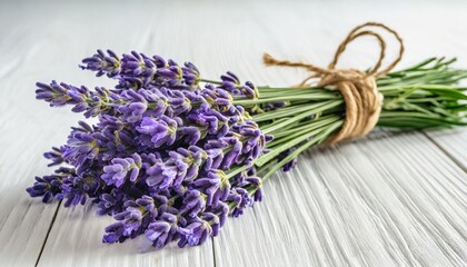 fresh lavender flowers bundle on a white