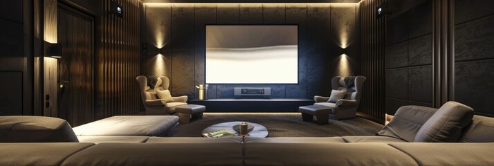 Elegant home theater interior with modern design - An upscale home theater interior featuring a sleek design with soft lighting and luxurious seating arrangement - obrazy, fototapety, plakaty