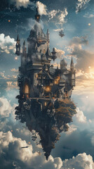 Floating castle in the sky with clouds and airships - An enchanting image of a castle seemingly suspended in mid-air, surrounded by floating islands, clouds, and airships