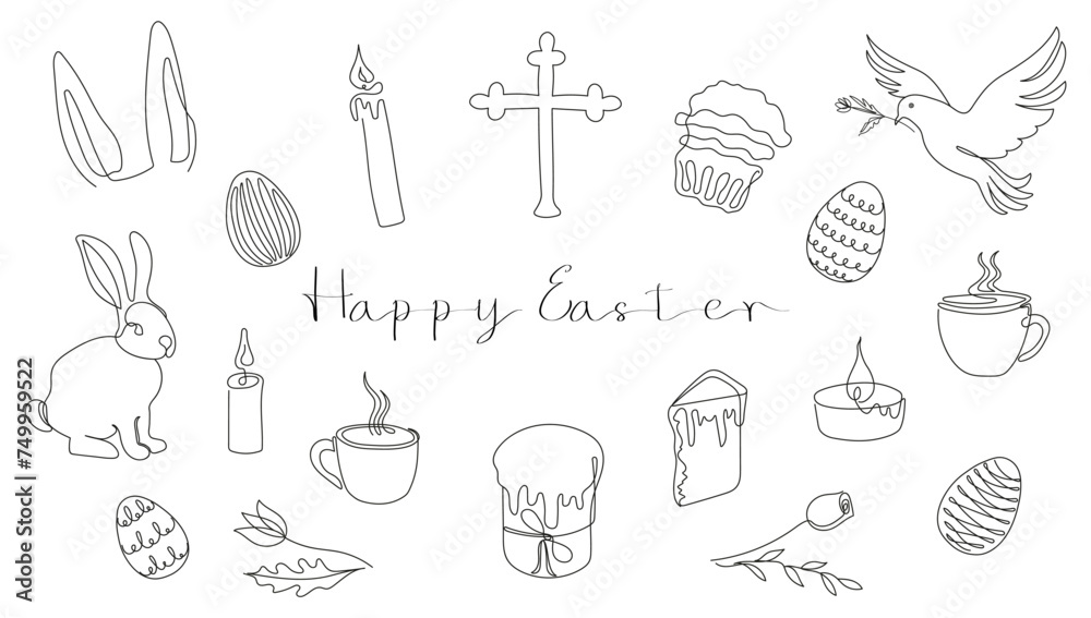 Wall mural easter set in continuous one line style with design elements like bunny, eggs, dove, candles, cross,