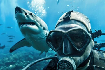 Diver selfie with shark - Close-up of a great white shark showing sharp teeth approaching a diver in blue ocean water