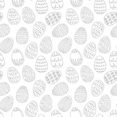 Seamless pattern of Easter eggs with a patterns. Continuous one line drawing. Black and white vector isolated on white background. Minimalist. For Easter decoration, print, textile, wrapping paper