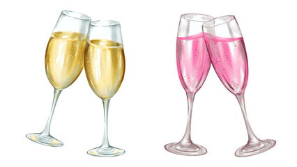 Two glasses of champagne drink  cheers wedding  celebrate congratulate, isolated Hand drawn illustration on a transparent background