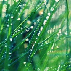Spring. Beautiful natural background of green grass with dew and water drops. Seasonal concept -...