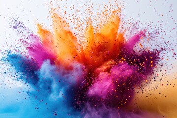 A vibrant explosion of colored powder against a white background, symbolizing energy, creativity,...