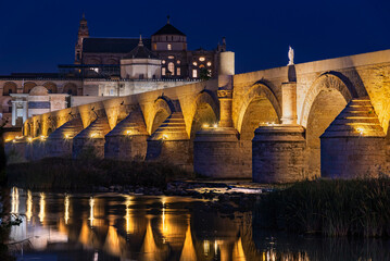 Roman bridge over the Guadalquivir river in the city of Cordoba, illuminated at night and with the...