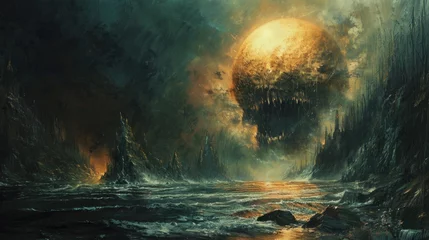  An ethereal fantasy landscape painting, featuring a massive moon rising above a turbulent sea surrounded by dark forests. © Furyfazia