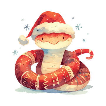 2025 snake wearing a Santa hat. The snake is sitting on a white background. The image has a festive and playful mood