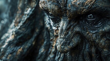 Close-up of a textured tree creature with deep, compelling eyes, evoking a mythical presence.