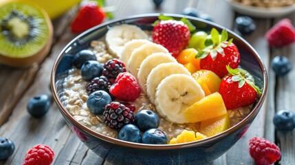 Oatmeal porridge with mixed fresh berries, banana slices, and peach in a dark blue bowl on a rustic wooden background