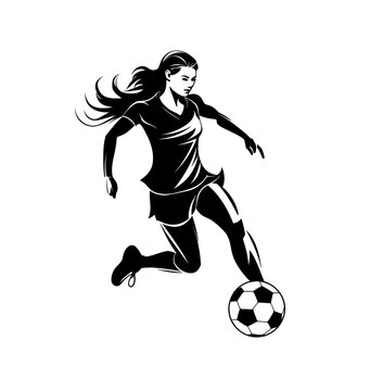 Female football player, black and white, white background