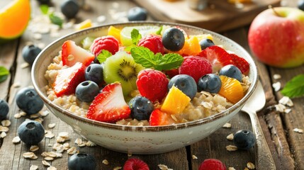 Oatmeal bowl with a variety of fresh fruits including strawberries, blueberries, kiwi, and...