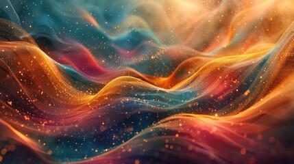 An abstract illustration of undulating waves in cosmic colors with scattered golden particles, evoking a sense of galactic beauty.