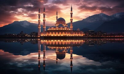 Fototapeta na wymiar a mosque reflected in calm waters