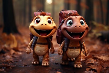 Cheerful dragons smiling and collecting fresh mushrooms in the enchanting autumn forest setting