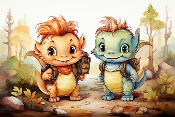 Cheerful dragons smiling and collecting fresh mushrooms in the enchanting autumn forest setting