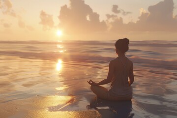 A modern and health conscious woman practicing yoga on a serene beach at sunrise. - obrazy, fototapety, plakaty