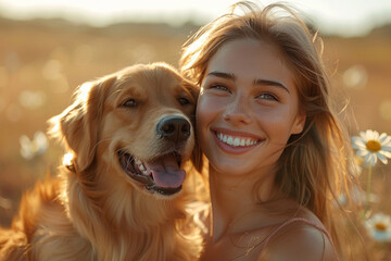 Radiant Young Woman with Golden Retriever Enjoying Sunset