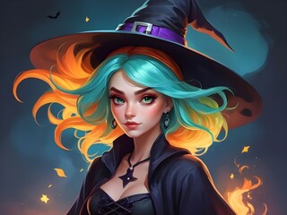 girl witch with bright hair illustration