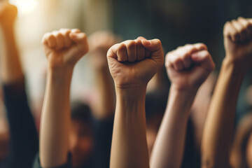 
people's hands raised with clenched fists. Concept of victory, success