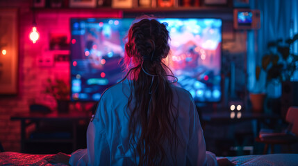 Woman Immersed in a TV Show Surrounded by Neon Lights - obrazy, fototapety, plakaty