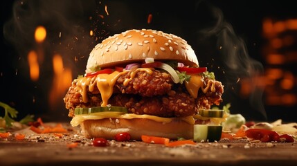 a close-up shot of a sizzling fried chicken patty nestled between two golden buns, surrounded by...