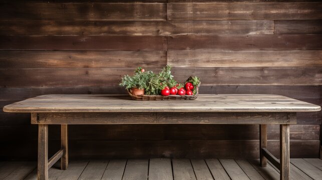 A Wooden Table With a Basket of Vegetables