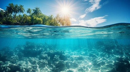 Underwater View of Tropical Island With Palm Trees - obrazy, fototapety, plakaty