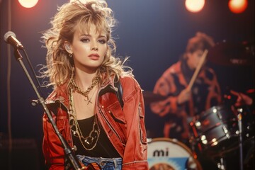 Glamorous Retro Female Singer in a Red Leather Jacket Performing on Stage, Band in Background