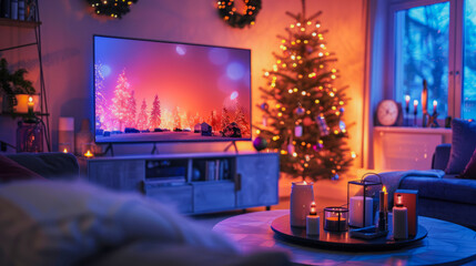 A serene living room decorated for Christmas featuring a glowing tree, lit candles on a coffee table, and a festive ambiance.